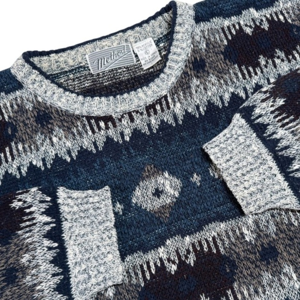 Vintage Method Mens Large Sweater Blue Grandpacore Geometric Fair Isle‎ Acrylic